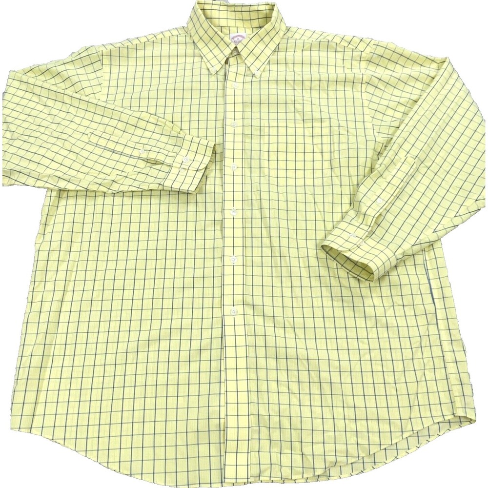Brooks Brothers Shirt Men XL Yellow Button Up Check Plaid Poplin Supima Pocket